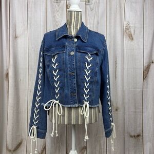 Trendy Denim Jacket Lace-Up Raw Hem V Notch Back Chic Coat Blue Size 0X